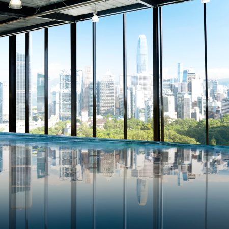 modern executive boardroom city view
